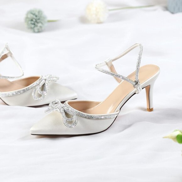 Women's White Closed Toe Rhinestone Wedding Low Slingback Clear Kitten Heels - Picture 5 of 9